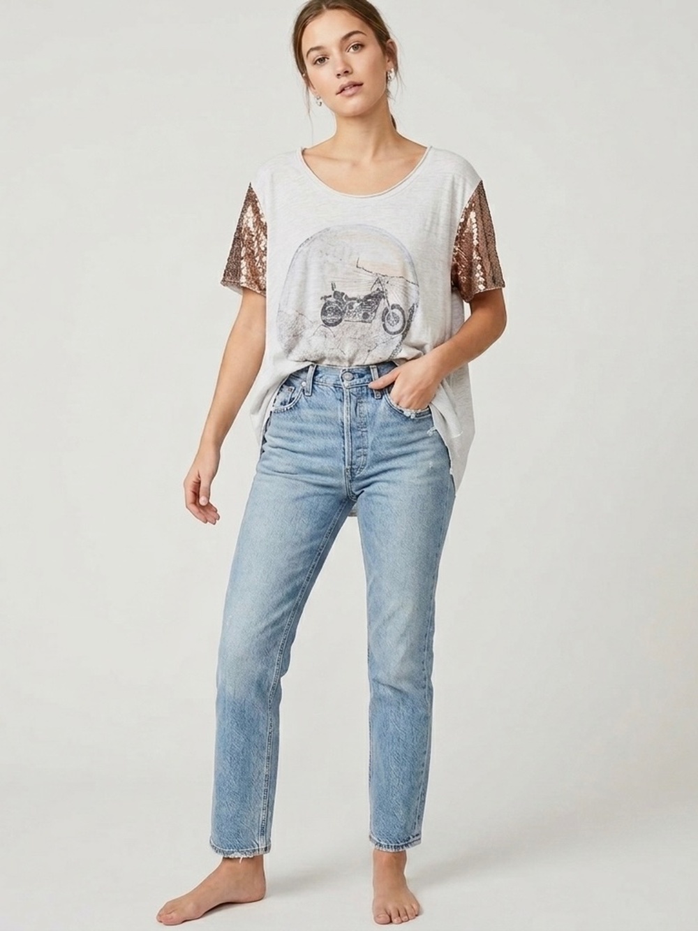 FP WTF | Biker Graphic Tee Short Sequin Sleeves Lightweight Burnout VSCO Shirt